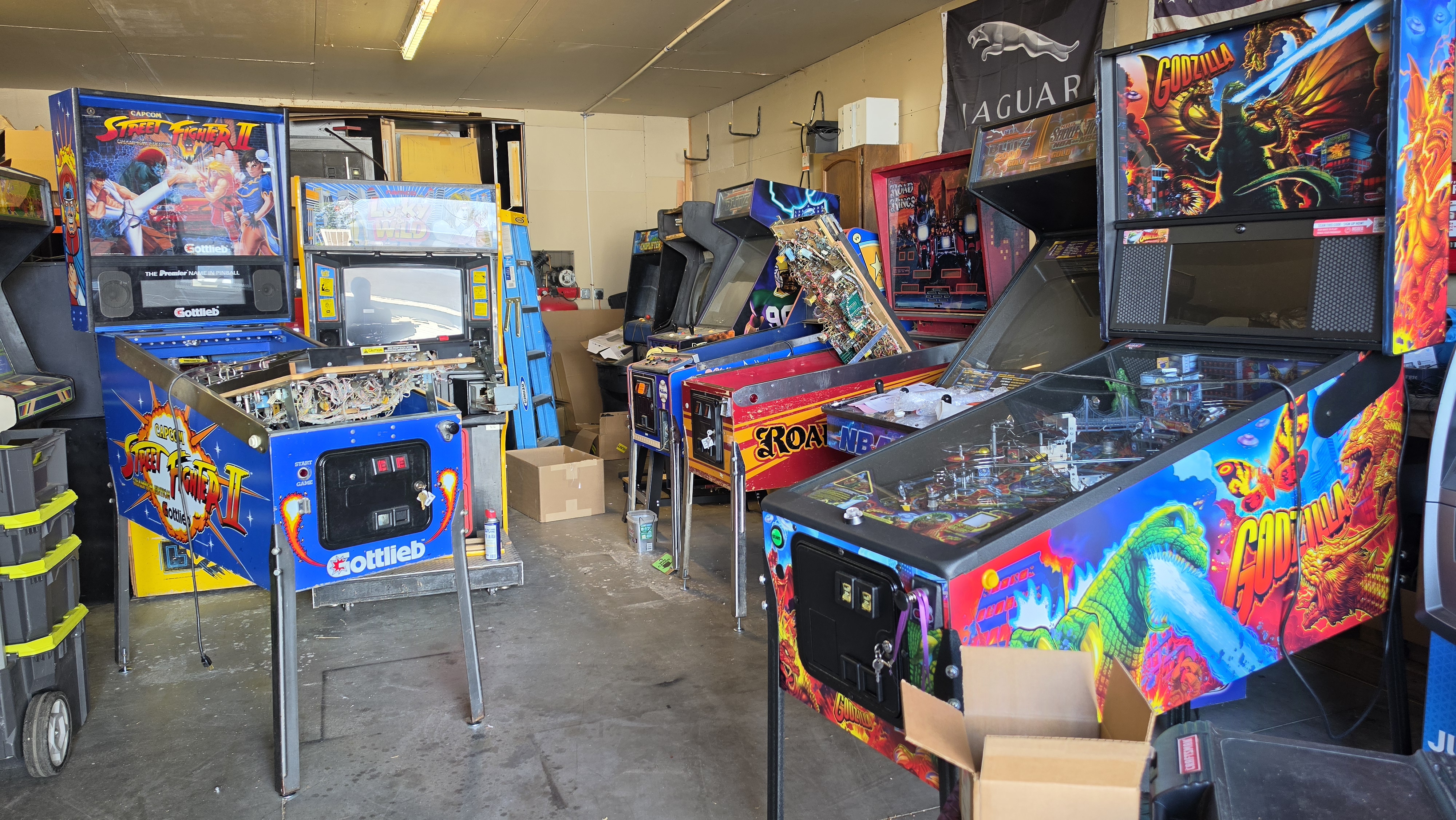 Pinball machines and arcade cabinets in the Tilted Arcades workshop